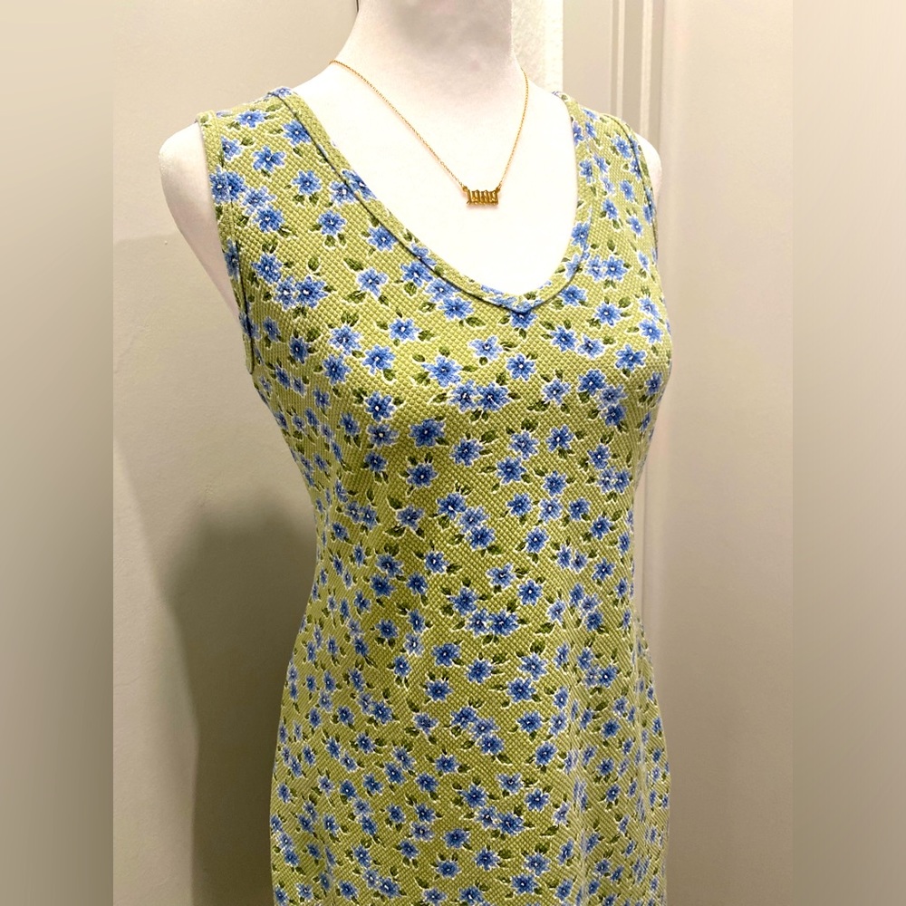 VTG 90s David Wayne Green & Blue Spring Ditsy Floral V-Neck Mini Dress - M